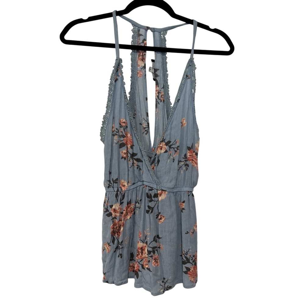 Kendall & Kylie Blue Floral Lace Trim Racerback Tank Small